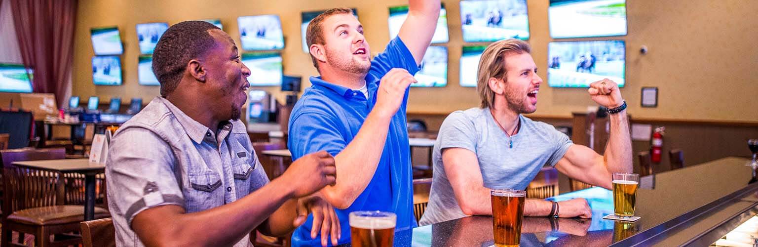 Three guys drinking beers and cheering, watch sports in Orange City